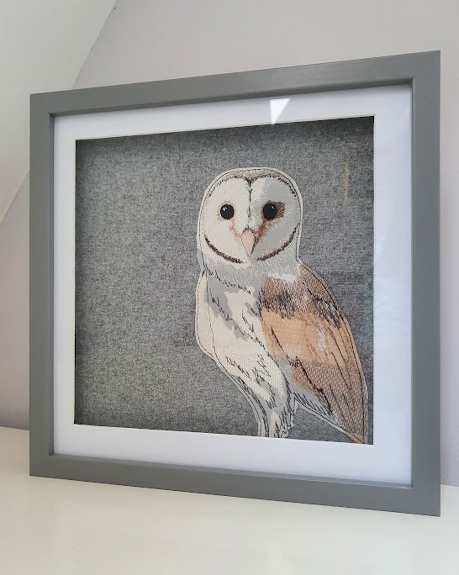 Barn Owl - framed original embroidered artwork, fabric applique