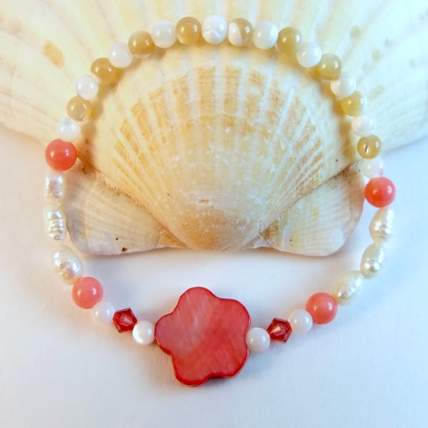 Mother Of Pearl, Freshwater Pearl, Coral & Swarovski Crystal Bracelet .