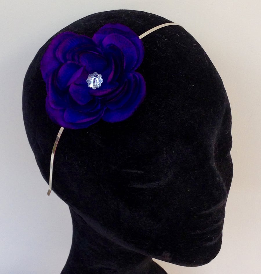Handmade silk purple flower headband hair band with hand sewn diamante button