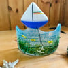 Ship on the sea fused glass ornament, home decoration, nautical