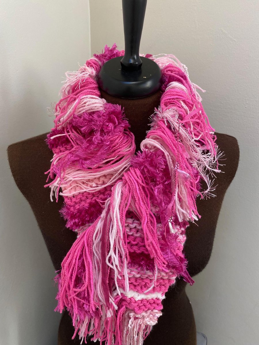 Hand Knitted Textured Scarf with Fringe, mixed shades of pink and burgundy