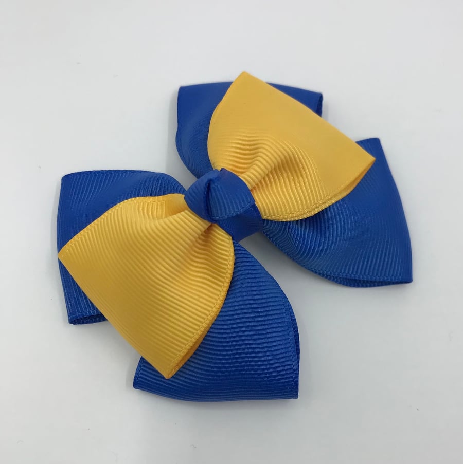 Royal Blue and Yellow Gold Top Knot Bow on Clip