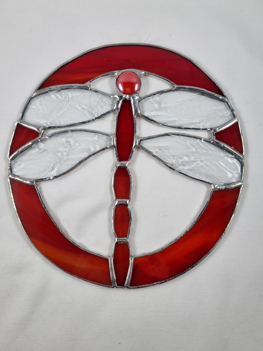 533 Stained Glass Red Dragonfly - handmade hanging decoration.