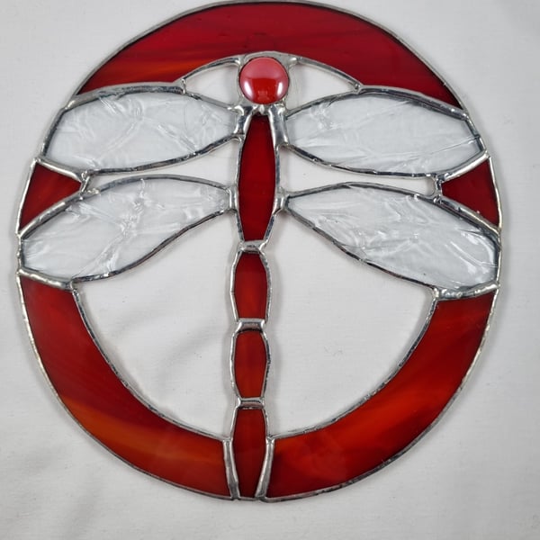 533 Stained Glass Red Dragonfly - handmade hanging decoration.