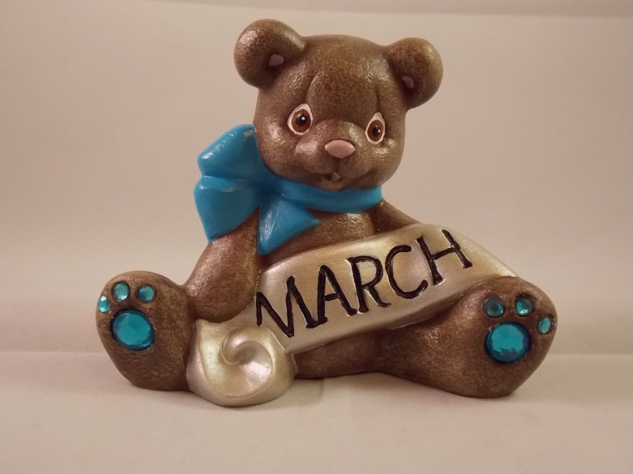 Ceramic Hand Painted Keepsake March Birthstone Bear Animal Figurine Ornament.