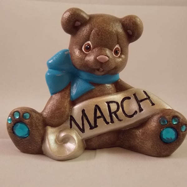 Ceramic Hand Painted Keepsake March Birthstone Bear Animal Figurine Ornament.