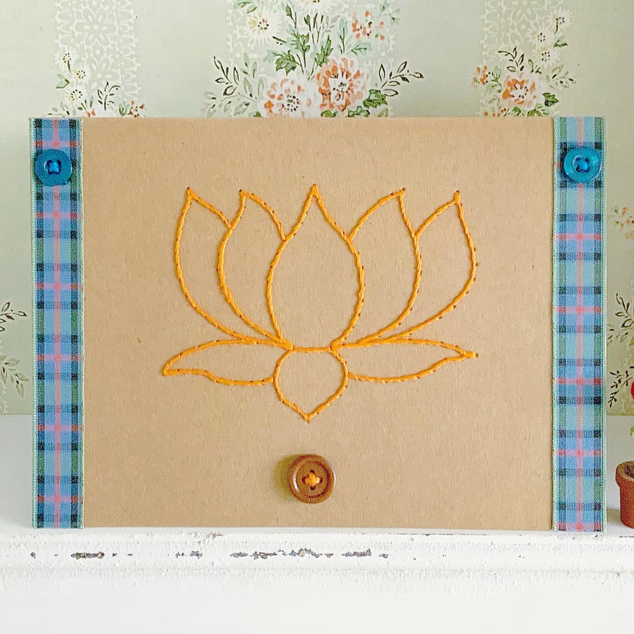Lotus Flower Card. Hand Sewn Card. Blank Card. Button Card. Tartan Card. 