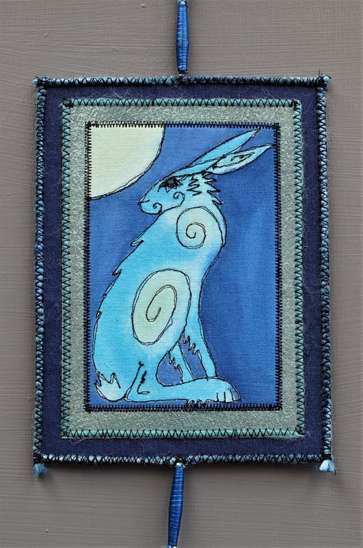 HHE1270 - Hare Moon Gazer Wall Hanging - 15cm x 20cm -  Blue