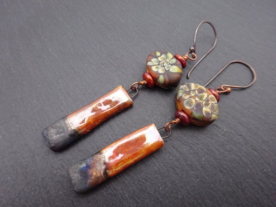 copper, brown lampwork glass and ceramic earrings