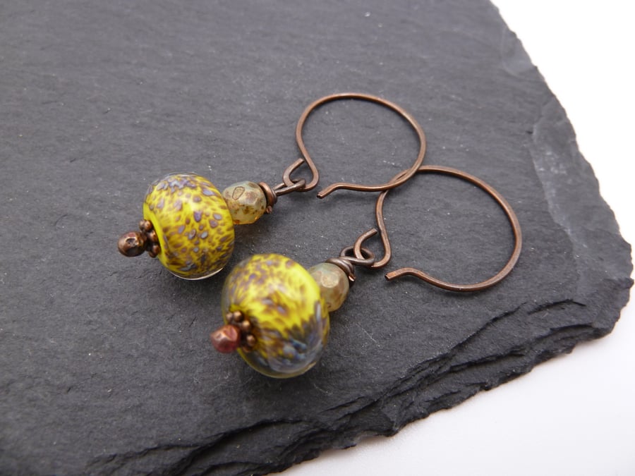 copper earrings, yellow lampwork glass jewellery