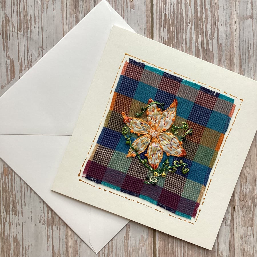 Hand embroidered floral card, textile art card, card for mum