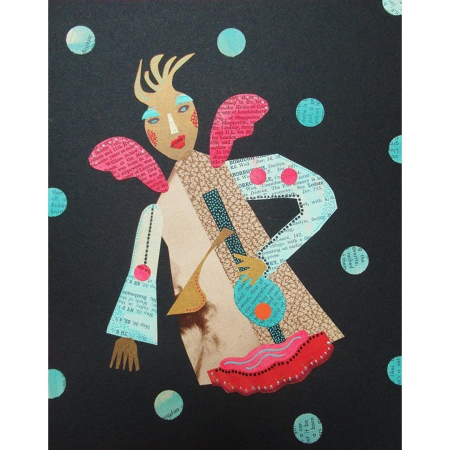 Angel Collage Artwork Quirky Surreal Figure Art Turquoise Red Black 8 x 10 Inch