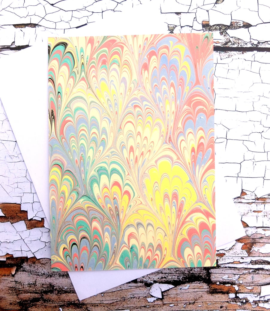 Multicoloured marbled art greeting card bouquet peacock pattern