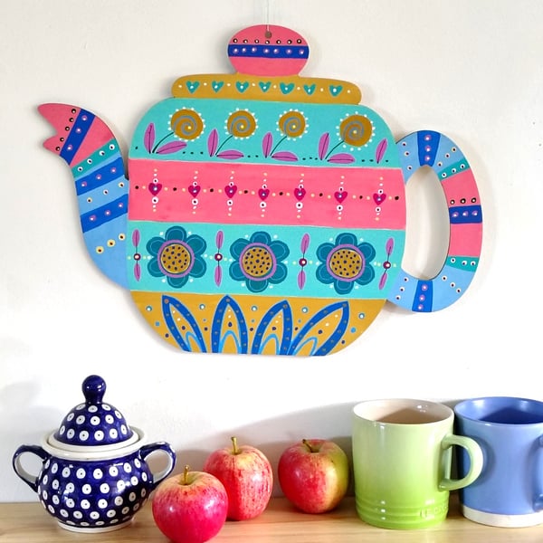 Hand painted wooden hanging teapot decoration with stripes flower wall art