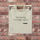 Wool storage tote bag for knitting or crochet featuring an oasis song pun. 