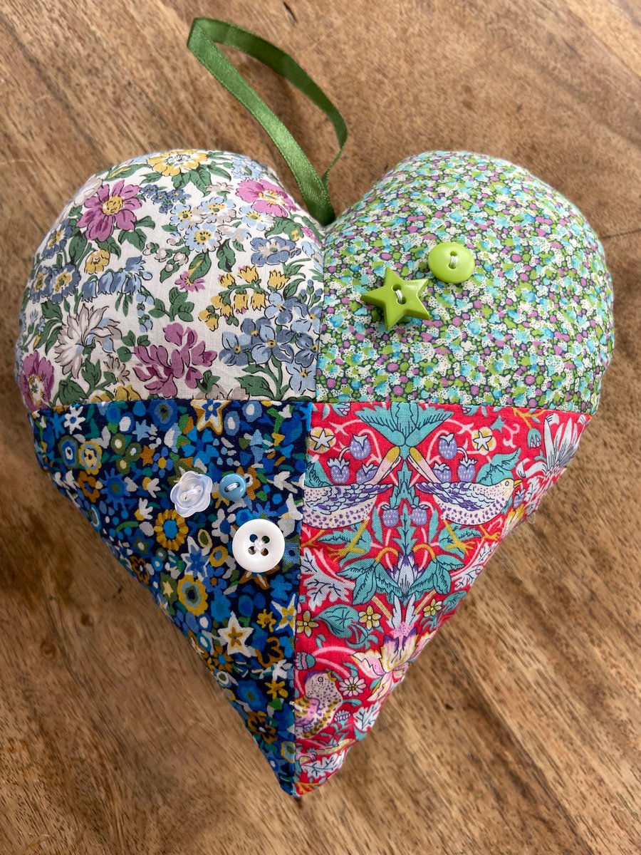 Padded Heart Hanging Decoration - Floral Liberty Fabric & Handsewn Decorations