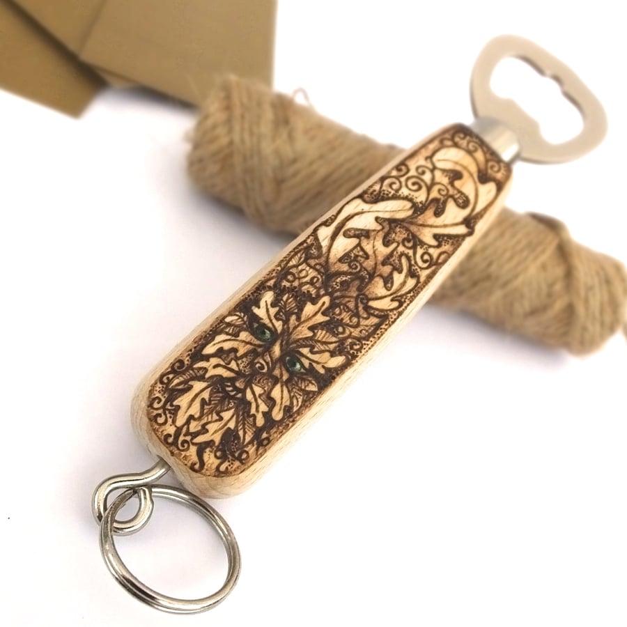 GreenMan Wooden Bottle Opener, Personalised with Pyrography, Green Man