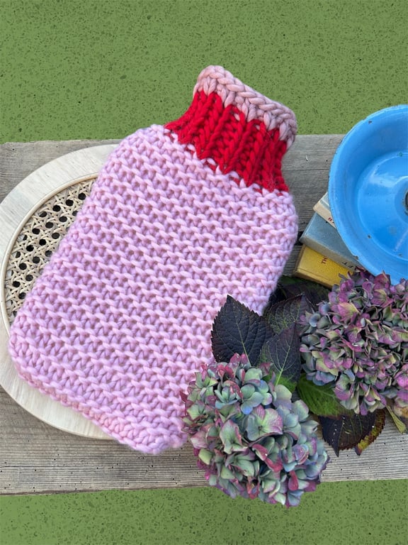Hand knitted merino wool hot water bottle 