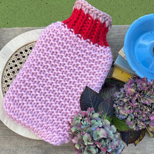 Hand knitted merino wool hot water bottle 