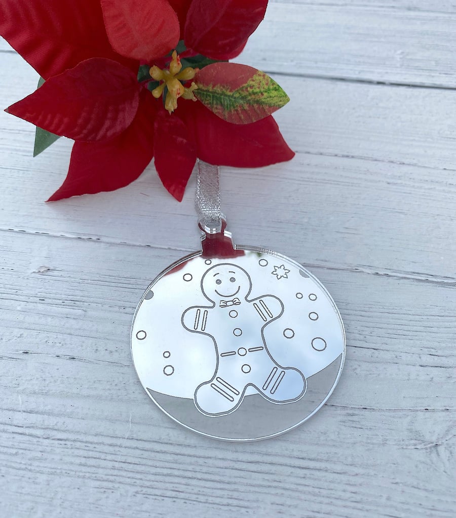 Gingerbread Man Christmas Tree Decoration, Silver Mirrored Acrylic Bauble