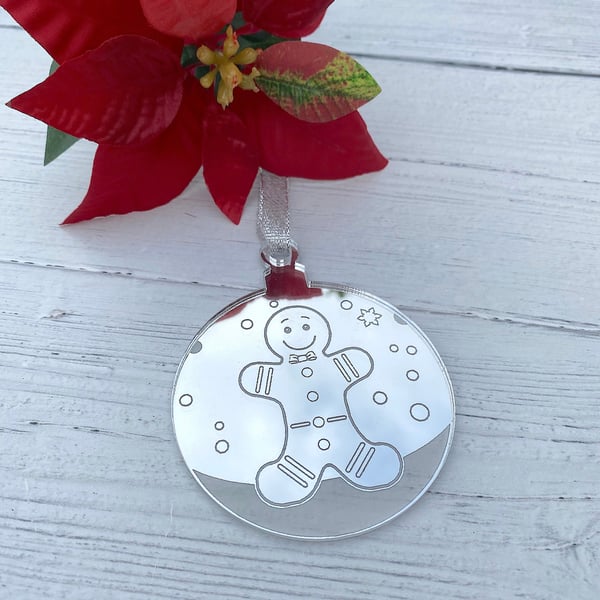 Gingerbread Man Christmas Tree Decoration, Silver Mirrored Acrylic Bauble