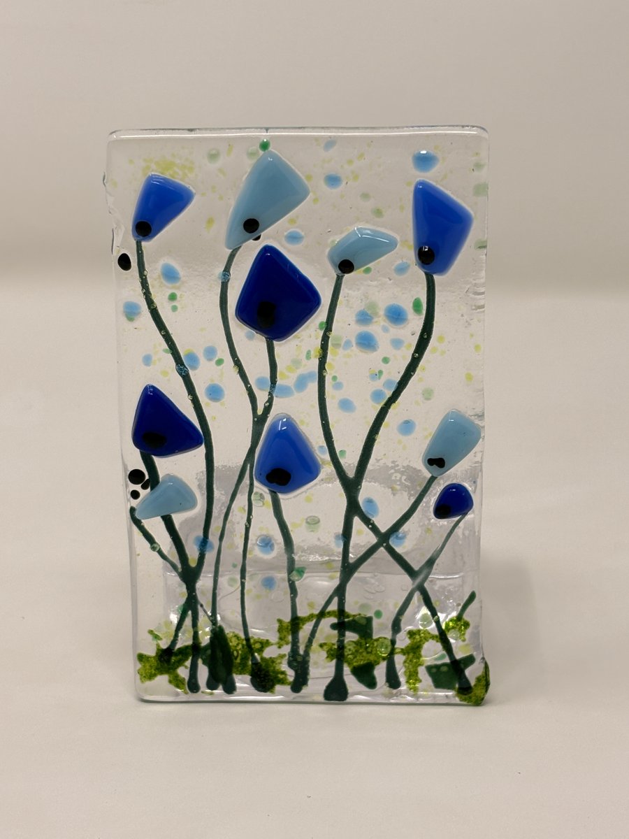 Fused Glass Tea Light Holder - Blue Meadow Flowers