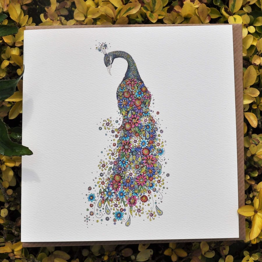 Floral Peacock blank card