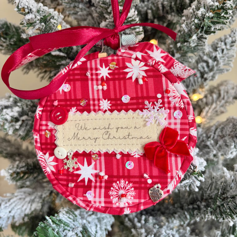 Personalised Red Snowflake Tartan Bauble, We Wish You Merry Christmas Hoop