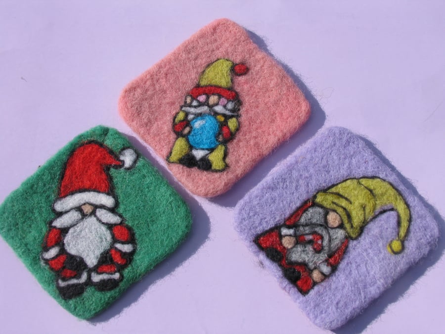 Set of 3 Needle Felt Christmas Gnome Coasters