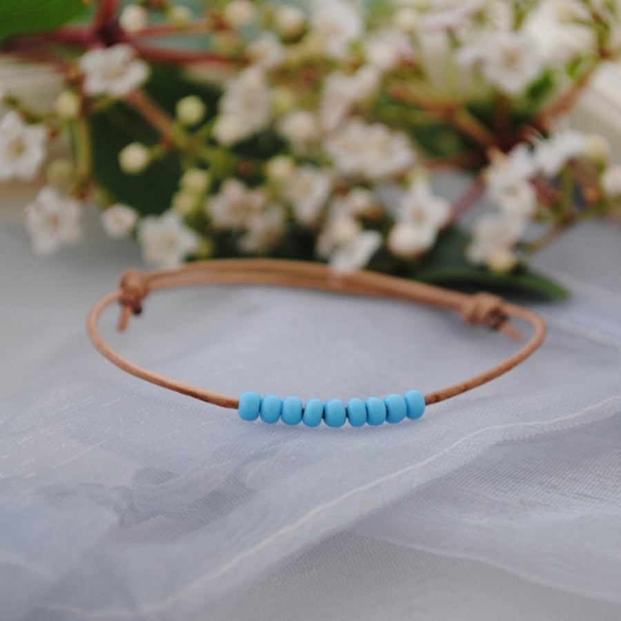Friendship Bracelet-Natural Leather & turquoise seed beads