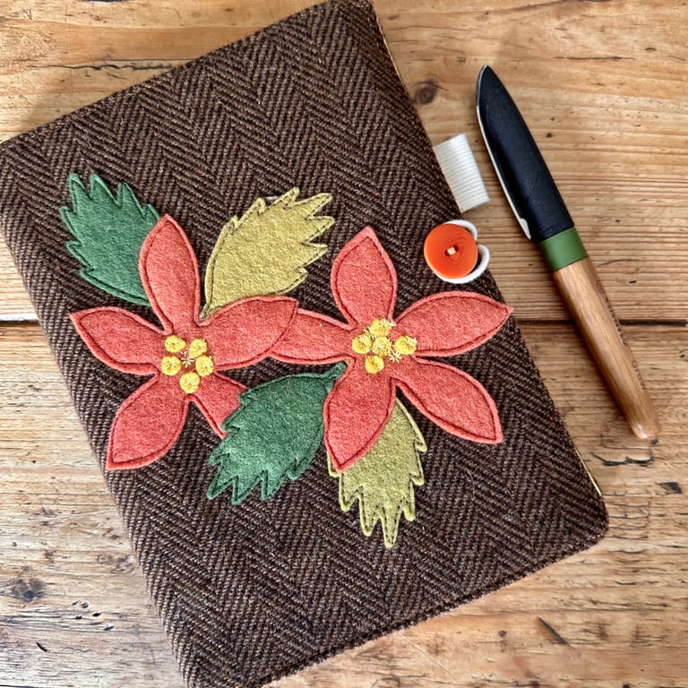 Notebook & Journal Cover with Poinsettia Design in Felt & Vintage Welsh Tweed 