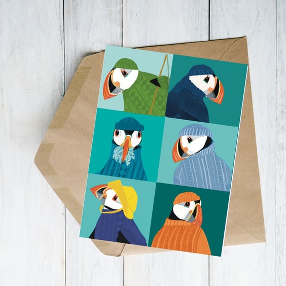 Yorkshire Puffins In Ganseys Coastal blank card