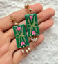 Emerald Green Pink Tulips Rice Pearl Statement Unique Earrings - Image 4