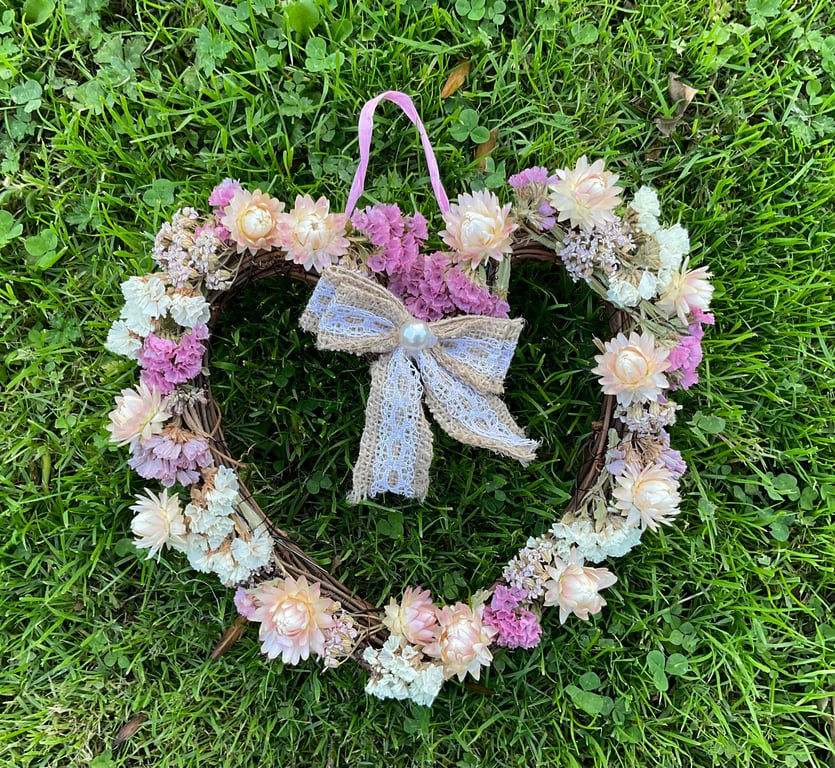 Hanging Dried Flower Wreath - Romantic Pink Loveheart for gift or home decor