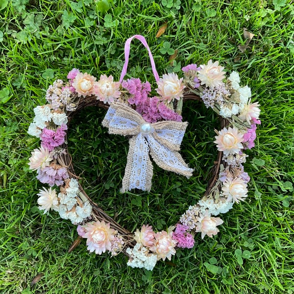 Hanging Dried Flower Wreath - Romantic Pink Loveheart for gift or home decor