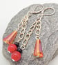 Earrings with Orange Artemis Beads Red and Black Beads on Long Chains - Image 8