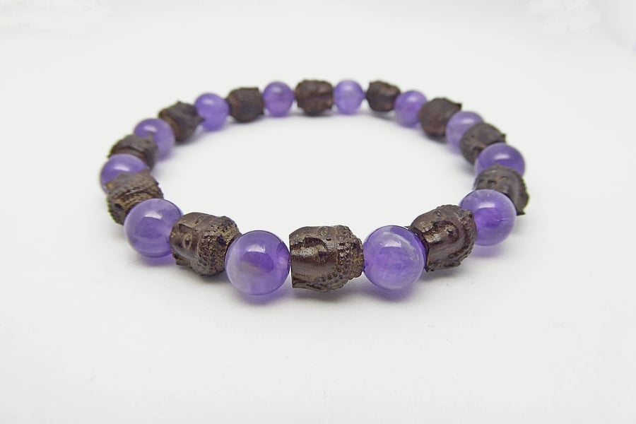 Amethyst and Carved Buddha Head Stretch Bracelet, Elasticated Bracelet