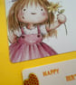 Happy birthday card for a young girl. Cute retro girl with flower & butterfly.  - Image 2