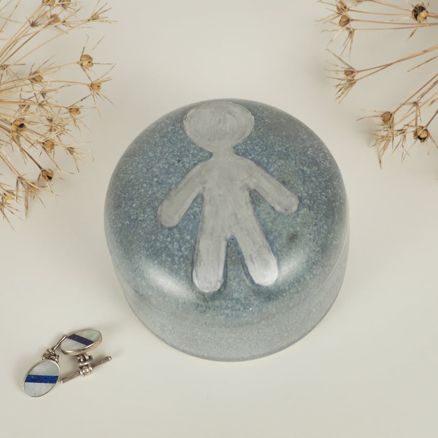 Ceramic Grey Blue Lidded Pot with Silver Man design