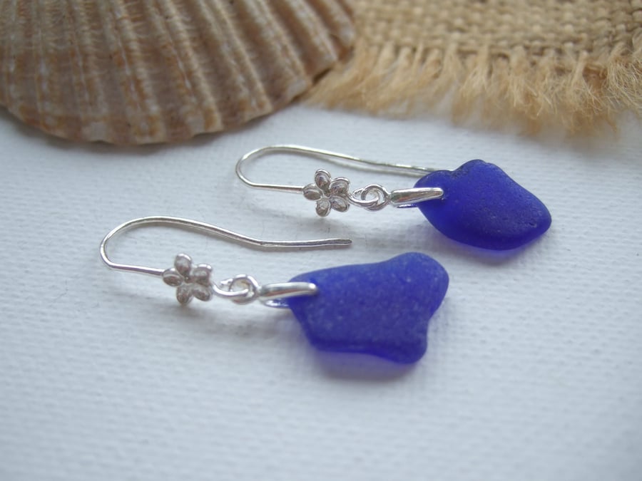 Scottish Blue Sea Glass Earrings, Flower Design Sterling Silver 