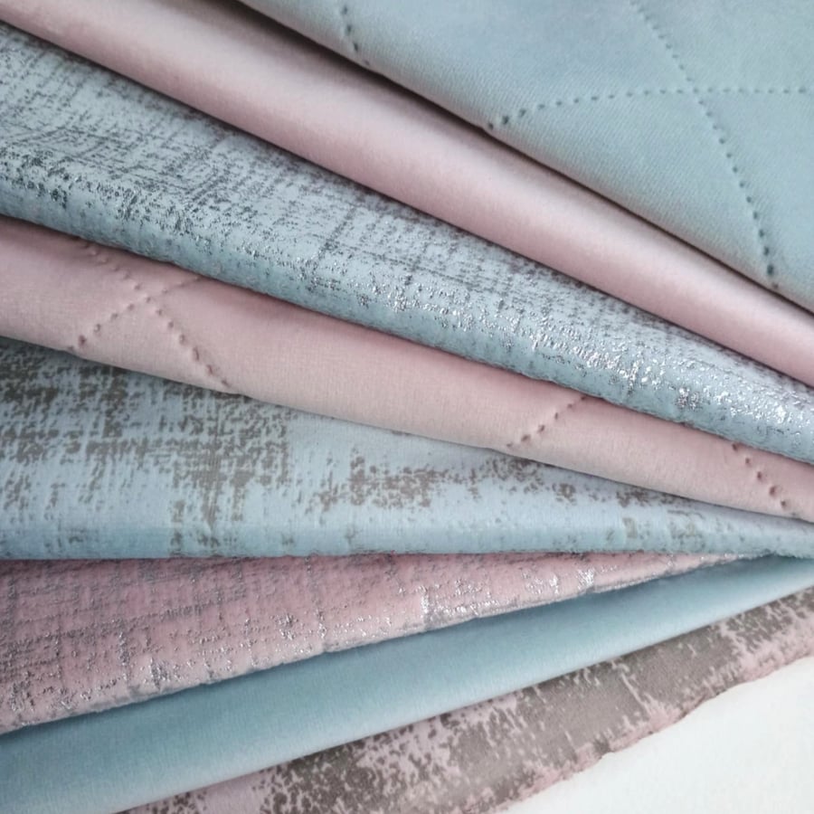 Fabric bundle - Velvet - Zero waste curtain samples - Baby blue and pink