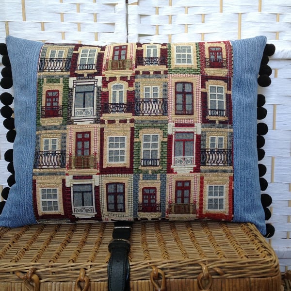 Bolster style cushion, tapestry and denim cushion, Lisbon City windows