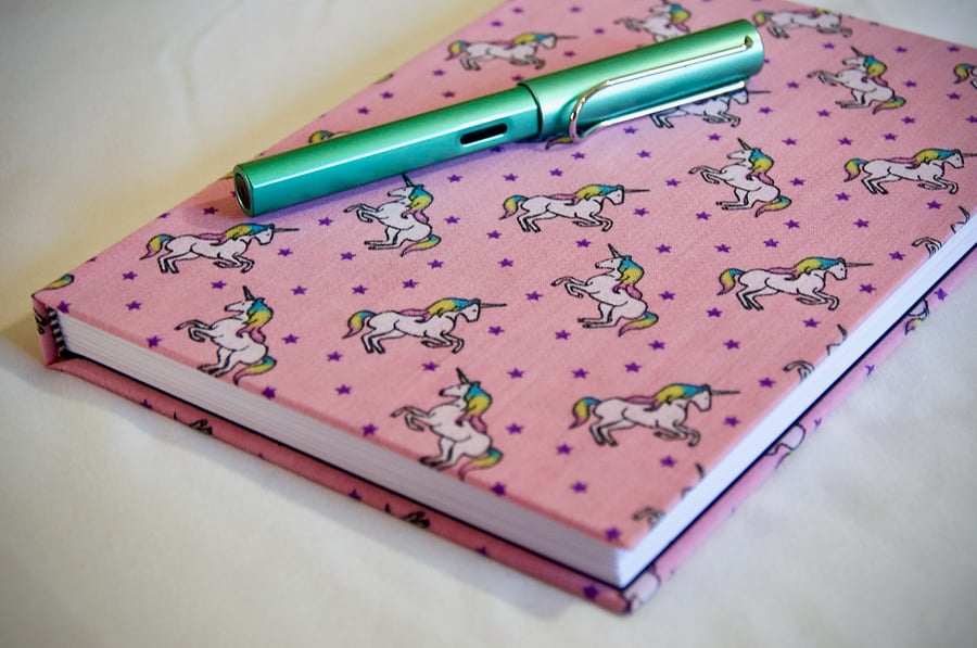 A5 Hardback Notebook with full cloth pink unicorn cover