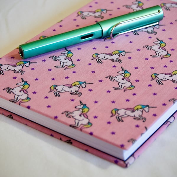 A5 Hardback Notebook with full cloth pink unicorn cover