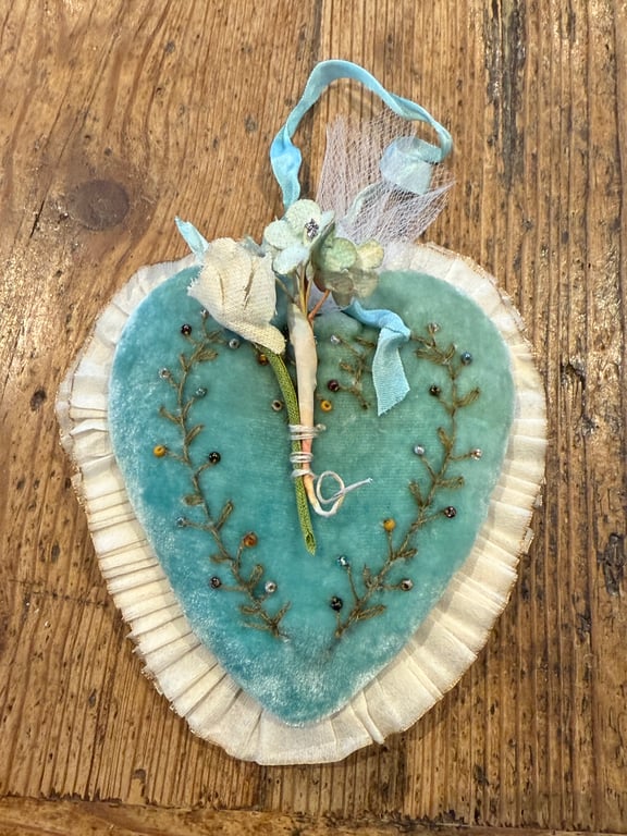 Turquoise Handmade Silk Velvet Heart Ornament
