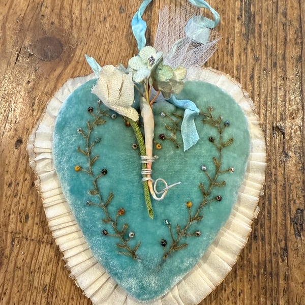 Turquoise Handmade Silk Velvet Heart Ornament