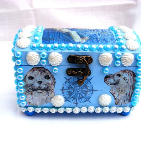 Blue sea chest keepsake or jewellery box