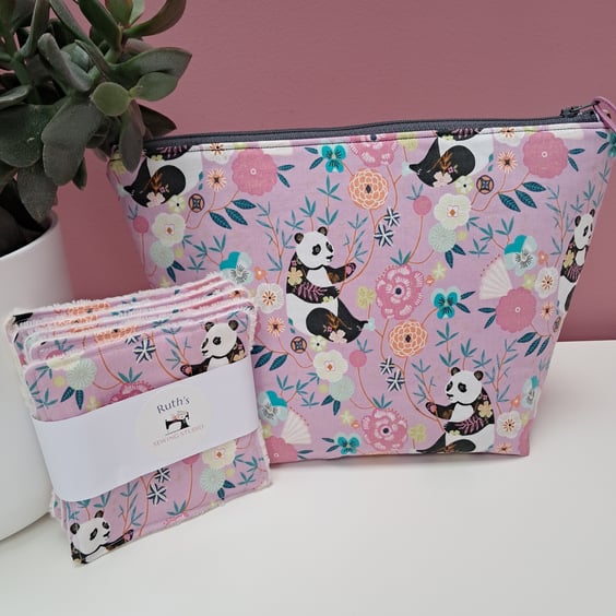Panda zip pouch and reusable wipes gift set