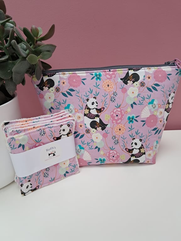 Panda zip pouch and reusable face wipes gift set