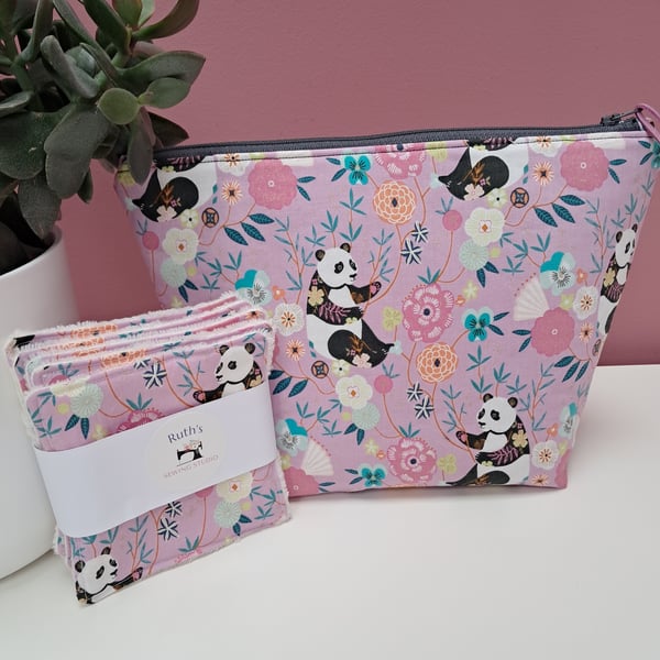 Panda zip pouch and reusable wipes gift set